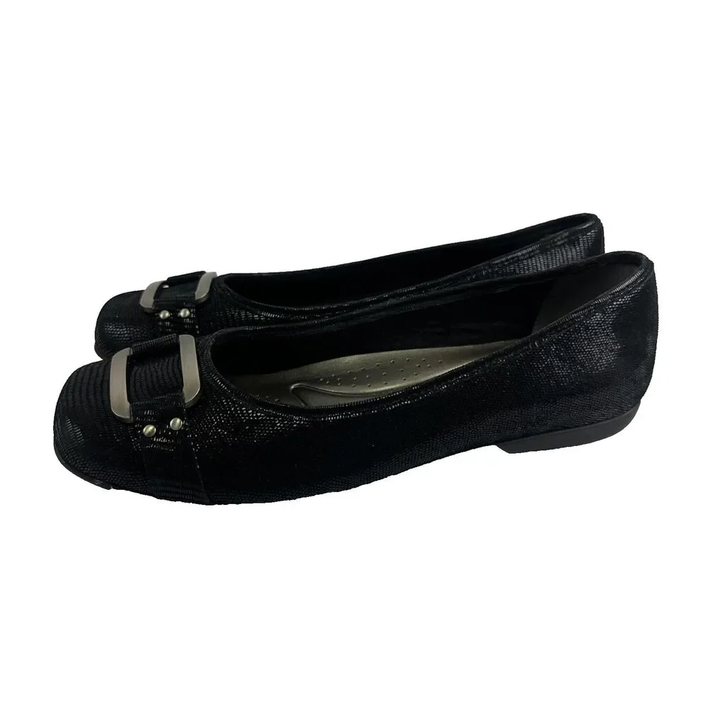 Trotters Sizzle Signature Ballet Flat Slip On Black Leather Buckle Womens 9.5 W